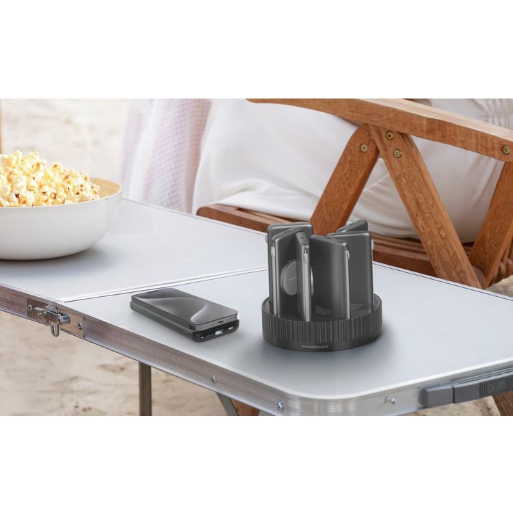 Powerology 8-in-1 Power Terminal with 8× 10000mAh Battery Capacity, Dual USB-C & USB-A Output Ports, Built-in Lightning & Type-C Cables, Fast Charging, Wireless Charging - Black