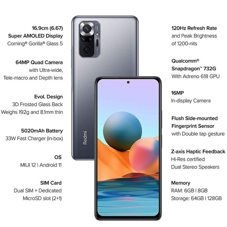 Xiaomi Redmi Note 10 Pro 4G LTE Smartphone Dual Sim 6.67" inch Display 8GB RAM / 128GB ROM Storage, IP53 Water Resistant, 16MP Front & 108MP Rear Camera, Qualcomm Snapdragon 732G Chipset, 4K Video, 5020 mAh Battery Android Mobile Phone - Onyx Gray