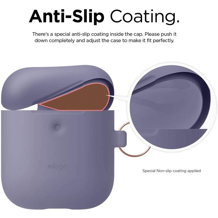 Elago Silicone Case with Anti-Lost Keychain Compatible with Apple AirPods 1/2 Wireless Charging Case, Front LED Visible, Anti-Slip Coating Inside, Premium Silicone - Lavender Gray