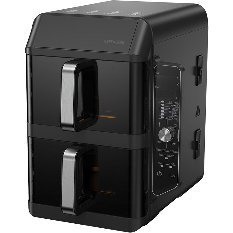 Green Lion Double-Decker Pro Digital Air Fryer with 2× 5.6L Capacity, 6 Preset Programs, 2400W Power, PP + Aluminum + ABS & PC Material, 0-60 Minutes Frying Time, Up to 230°C Temperature, BS Plug 90cm Power Cord, LED Touch Display - Black