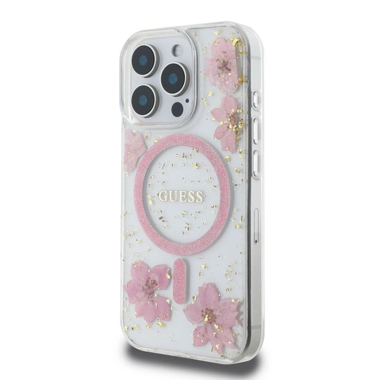 Guess MagSafe Hard Case with Resin Flowers Design for iPhone 16 Pro, Drop protection, Comfortable Grip - Pink