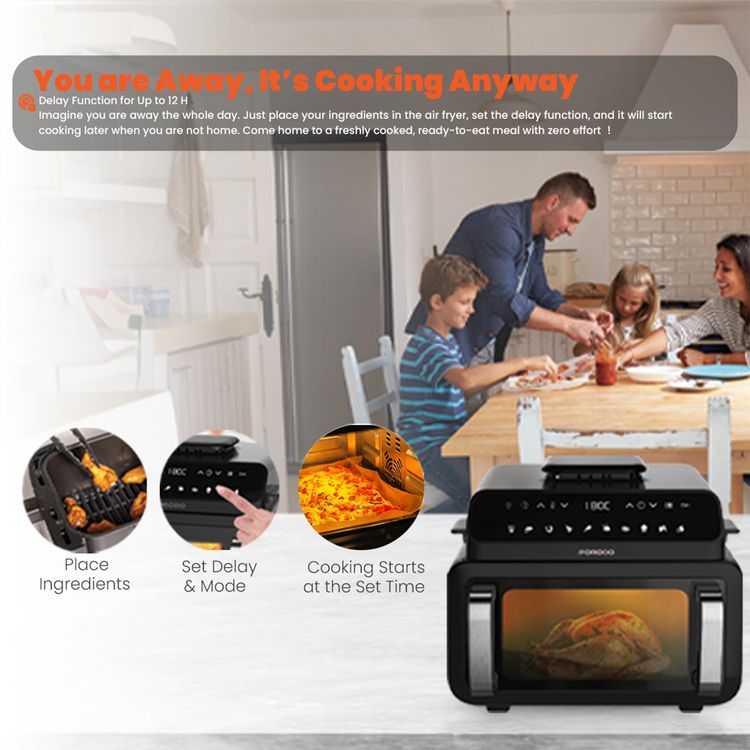 Porodo Flexi Cook Pro with 10.5L Capacity, Grill, Fry & Bake Functions, 10 Preset Programs, 12-Hour Delay Function, 80% Less Oil for Healthier Meals, Dual Opening Method, 40-200°C Temperature Range - Black