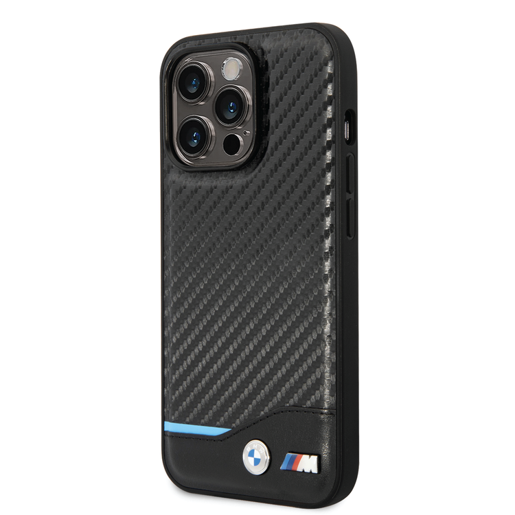 BMW M Collection Magsafe Compatibility PU Carbon Case with Bottom Horizontal Blue Line iPhone 14 Pro Max Compatibility - Black