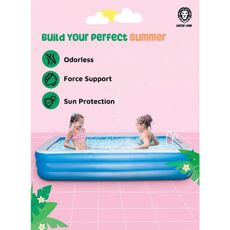 Green Lion Inflatable Swimming Pool with 1000L Water Capacity, Large, PVC, Fits 7-9 People, Suitable for 3+ Years Old, Sun Protection, Force Support, Odorless - Blue