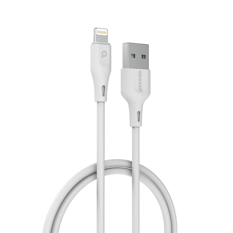 Porodo USB-A to Lightning Cable with 2.4A Current, 2m Cable Length, TPE & PVC Materials, Fast Charge & Data Sync, More than 5000 Bends Lifespan, Safe & Reliable, Smart Design - White
