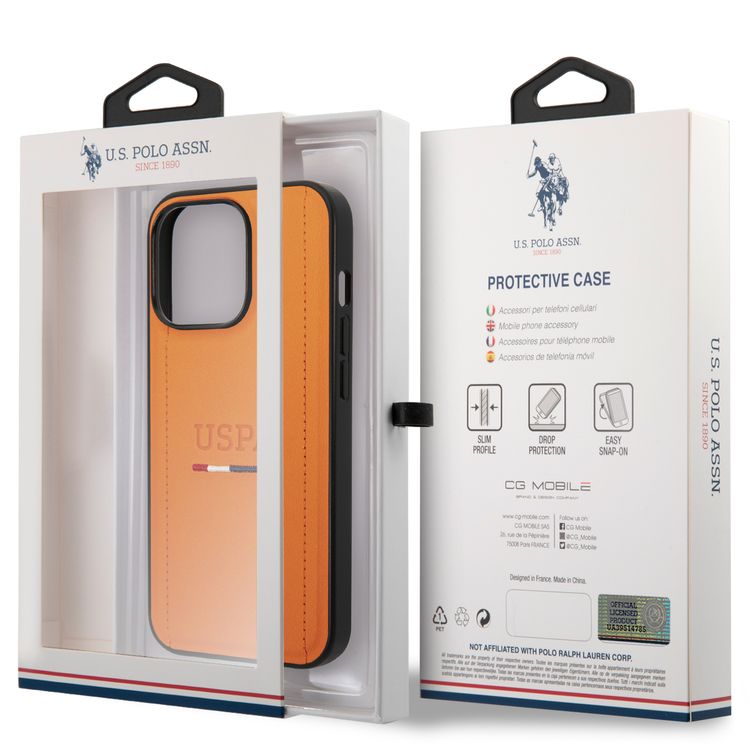 USPA PU Leather Case with Tricolor Stitches & Initials Full Protection iPhone 14 Pro Compatibility - Orange