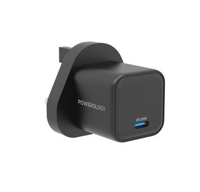 The Powerology 35W Ultra-Quick GaN Charger with UK Plug, USB-C Output Port, Fast Charge, Portable & Compact Design, Built-in Safeguards, 100-240V Input - Black