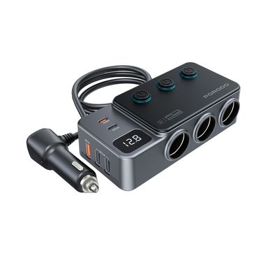 Porodo 120W Car Charger Hub with Triple-Port Lighter Sockets, 3 USB-A & 2 USB-C Ports, 35W PD, 65W QC, 95cm Cable, Real-Time Voltage Display, Independent Power Switch - Dark Gray
