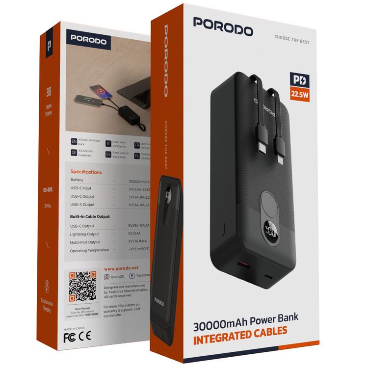 بورودو بطارية شحن محمولة 30000 مللي أمبير مع كابل مدمج من نوع C ولايتنينج، شحن بقدرة 22.5 واط، شحن متزامن، شحن من 0% إلى 60% في 35 دقيقة، عرض رقمي - أسود.