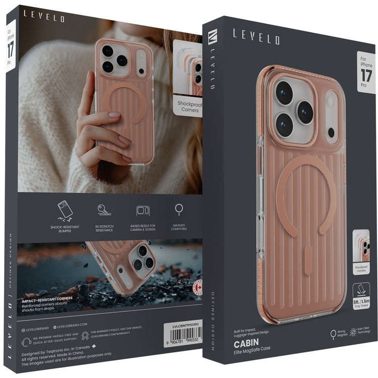 غطاء Levelo Cabin Elite MagSafe لهاتف iPhone 17 Pro، بزوايا مقاومة للصدمات، وحواف مرتفعة للكاميرا والشاشة، ومقاومة للخدوش بدرجة 2H، ومغناطيسات قوية، وتقنية رؤية فائقة الوضوح، ومصد مقاوم للصدمات، مختبر ضد السقوط - بلون البرتقالي الشروق
