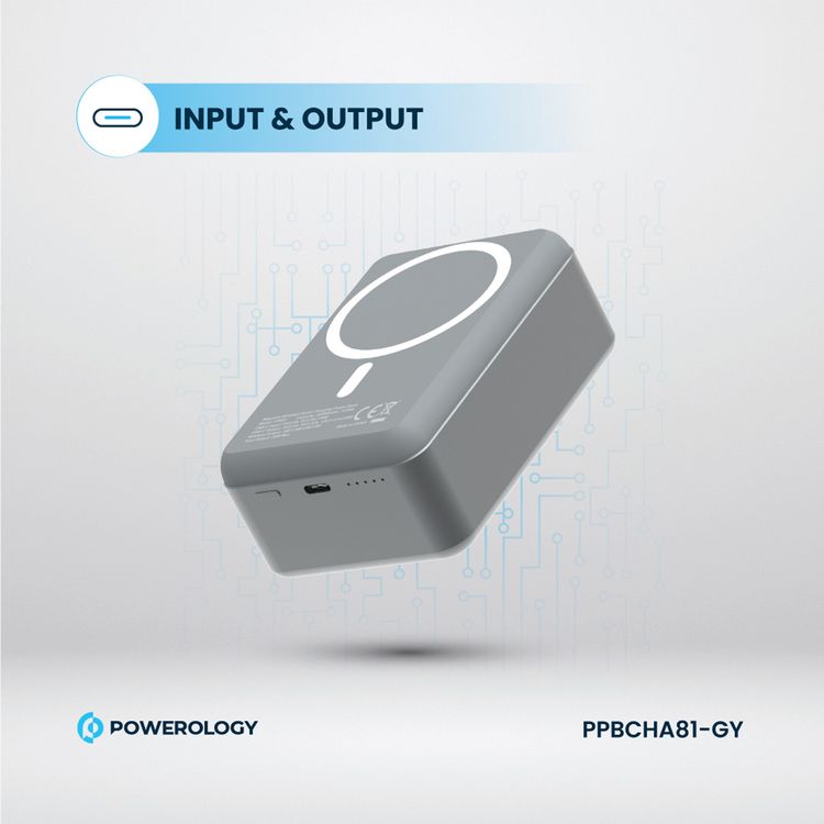 Powerology 30000mAh MagSafe Aluminum Power Bank with 20W Power Delivery, 15W Wireless Output, Li-Polymer Battery, Simultaneous Charging, Compact Design - Dark Gray