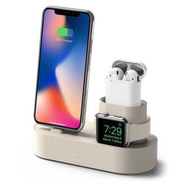 Elago 3 in 1 Silicone Charging Hub Case, Charging Dock Cover with Cable Management Compatible for All Apple Watch Series, AirPods 1 & 2, and iPhone X, XS, XS Max, XR - Classic White