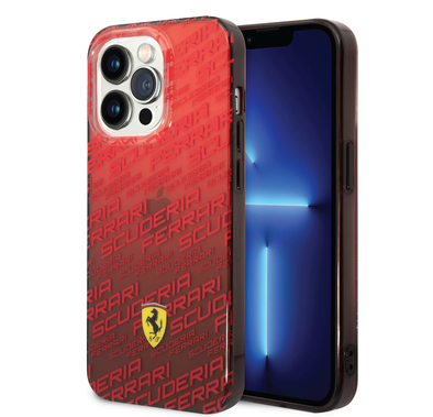 Ferrari Gradient PC/TPU Case with Allover Scuderia & Dyed Bumper iPhone 14 Pro Compatibility - Red