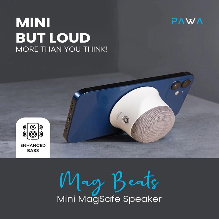 PAWA Magbeats Mini MagSafe Speaker in gun metal black, deep blue & white color with 10M bluetooth distance, 3W speaker, 300mAh built in battery