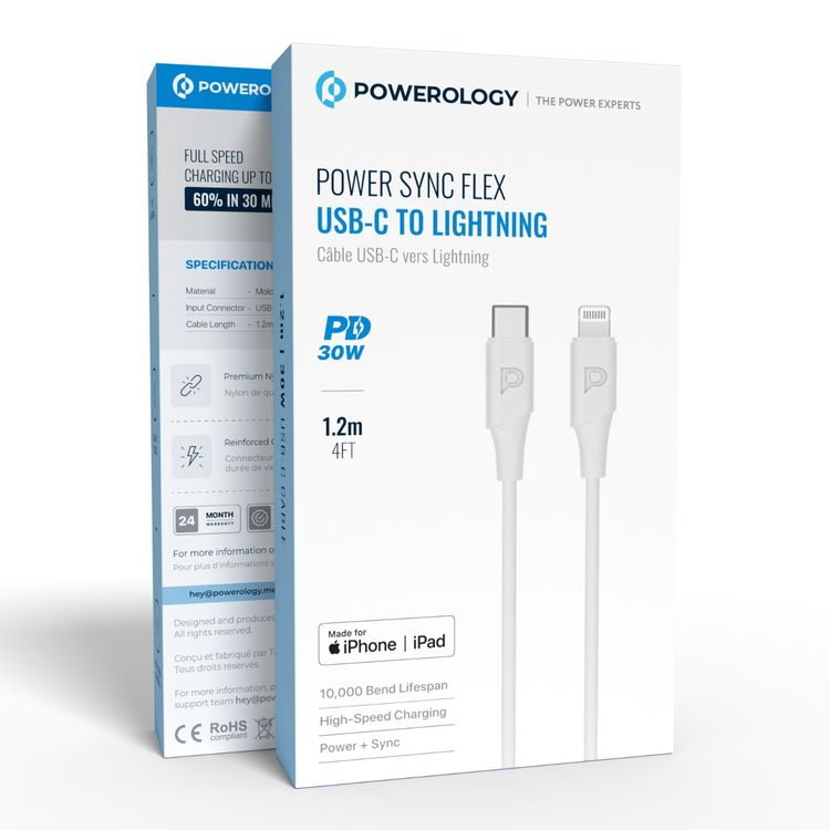 كيبل باورولوجي باور سينك فليكس من نوع USB-C إلى لايتنينج بطول 1.2 متر، مع مدة استخدام تصل إلى 10000 انحناء، شحن سريع ونقل بيانات، مصنوع من مادة TPE مصبوبة، سرعة نقل بيانات تصل إلى 480 ميجابت في الثانية، وتوفير طاقة 30 واط - أبيض اللون.
