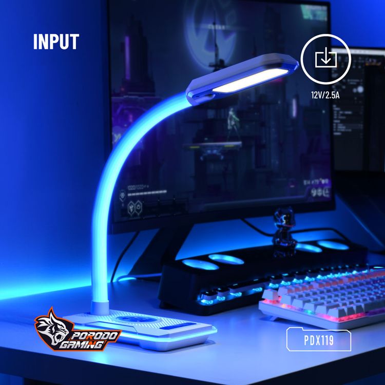Porodo Gaming E-Sports Desk Lamp with Charging Base, Viewing Angle Adjustment, Colorful Light Adjustment, Brightness Levels, Plug & Play, 10W Max Wireless Output - White