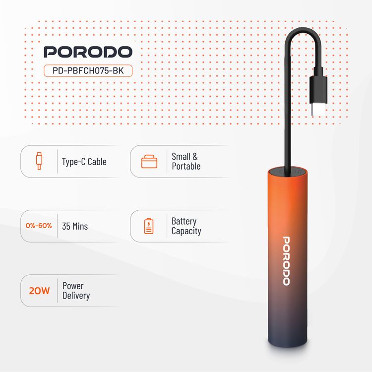 بنك طاقة بورودو PB075 بسعة 5000 مللي أمبير/ساعة مع كابل Type-C مدمج، PD 20 وات، ×2 منفذ Type-C، تصميم محمول، يدعم الشحن السريع - أسود