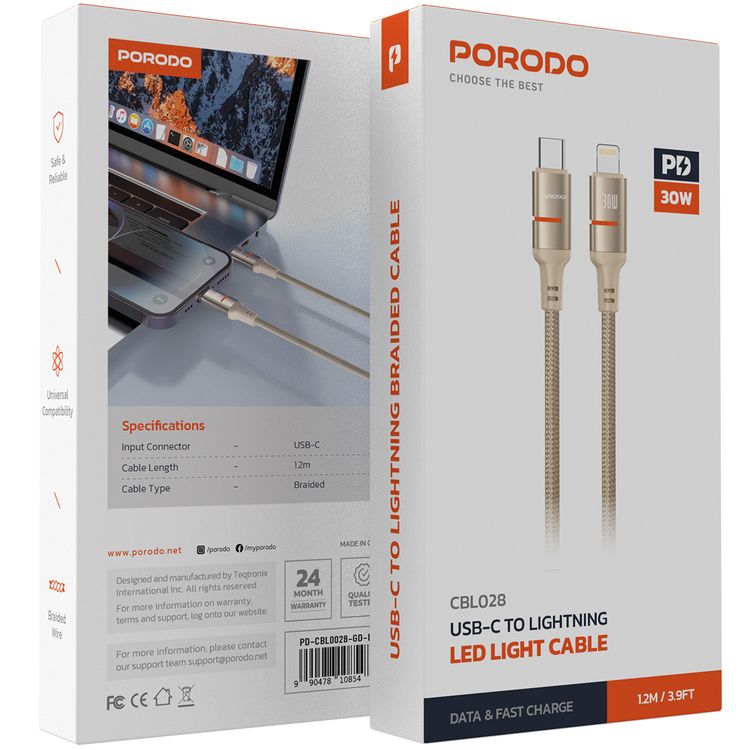 Porodo كابل USB-C إلى Lightning LED مع توصيل طاقة 30 واط، سرعة نقل 480 ميجابت في الثانية، طول الكابل 1.2 متر، شحن سريع ونقل بيانات، سلك مضفر - ذهبي