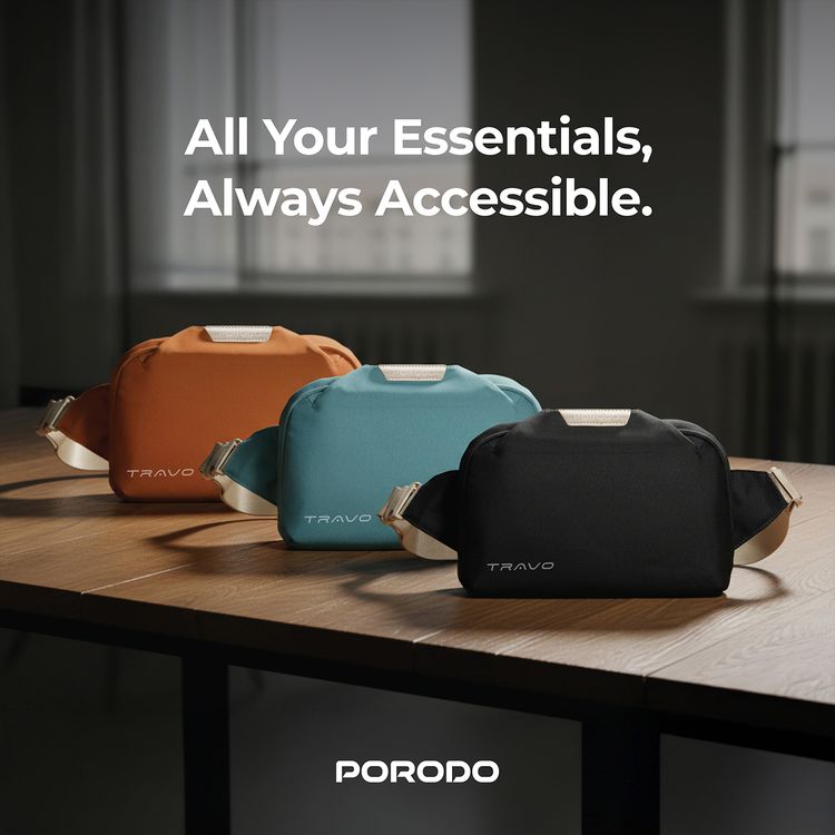 Porodo Lifestyle Travo Waist Bag with Spacious Storage Design, Durable Material, Safe & Secure, Easy Carry Handle, Zipper Closure Type - Black