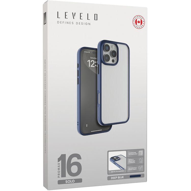 Levelo Solo Case for iPhone 16 Pro Max with Clearview Technology, Matte TPU Bumper, Comfortable Grip, Impact-Resistant Corners, 3H Scratch Resistance - Deep Blue