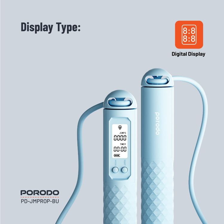Porodo Lifestyle Smart Skipping Rope Forward & Reverse Counts, Battery Display Set Time - Blue