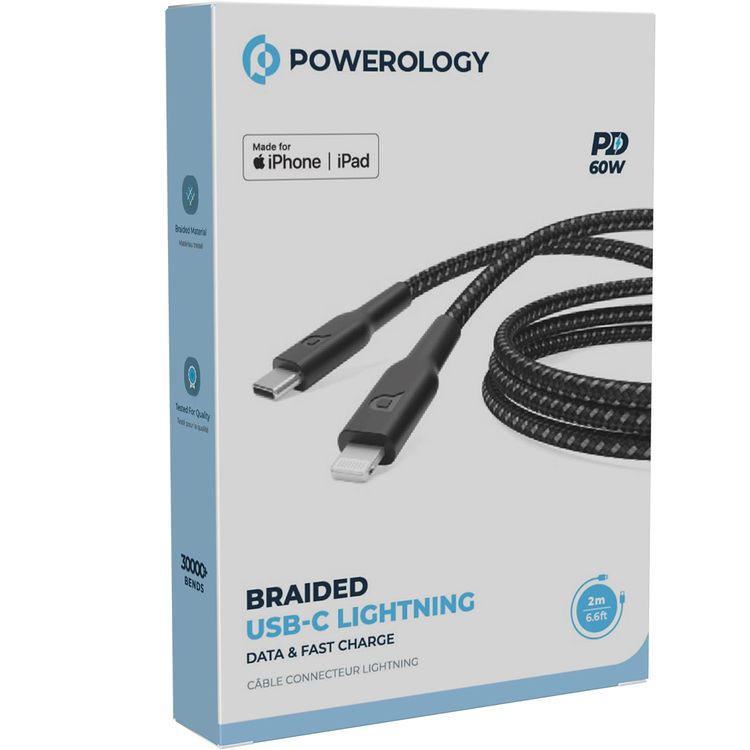 Powerology Braided USB-C to Lightning Cable with 60W Power Delivery, 2m Cable Length, Fast Data Transfer & Fast Charge, Universal Compatibility - Black