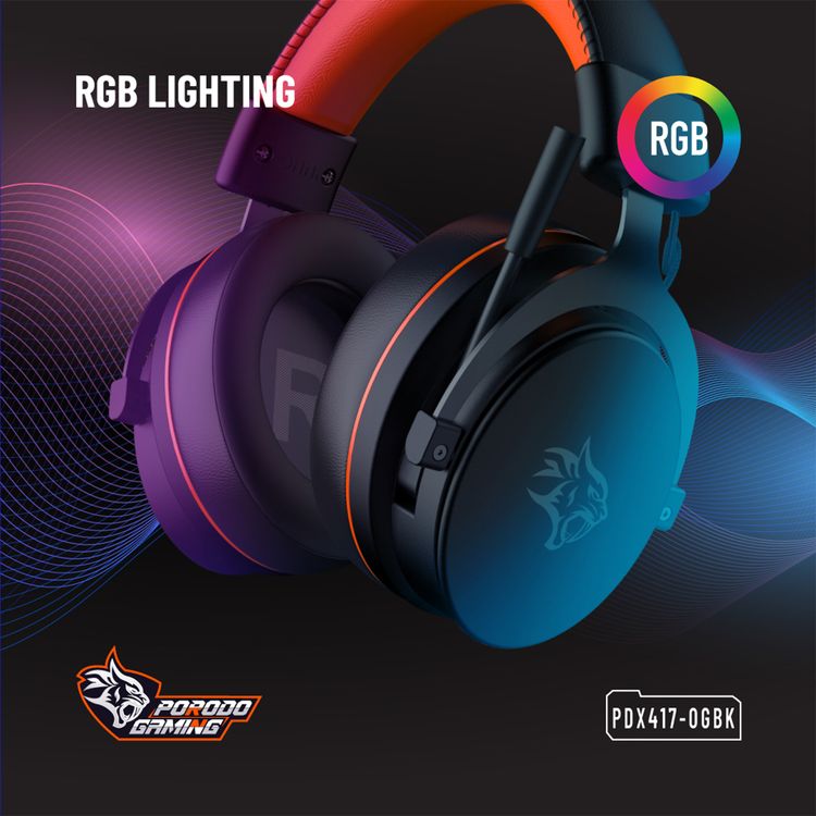 Porodo Gaming 7.1 Surround Gaming Headset with Soft Breathable Ear Pads, Noise Cancelling Microphone, 50mm Driver Size, Convenient Mic Design, 1.5m Cable Length, RGB Lights - Black