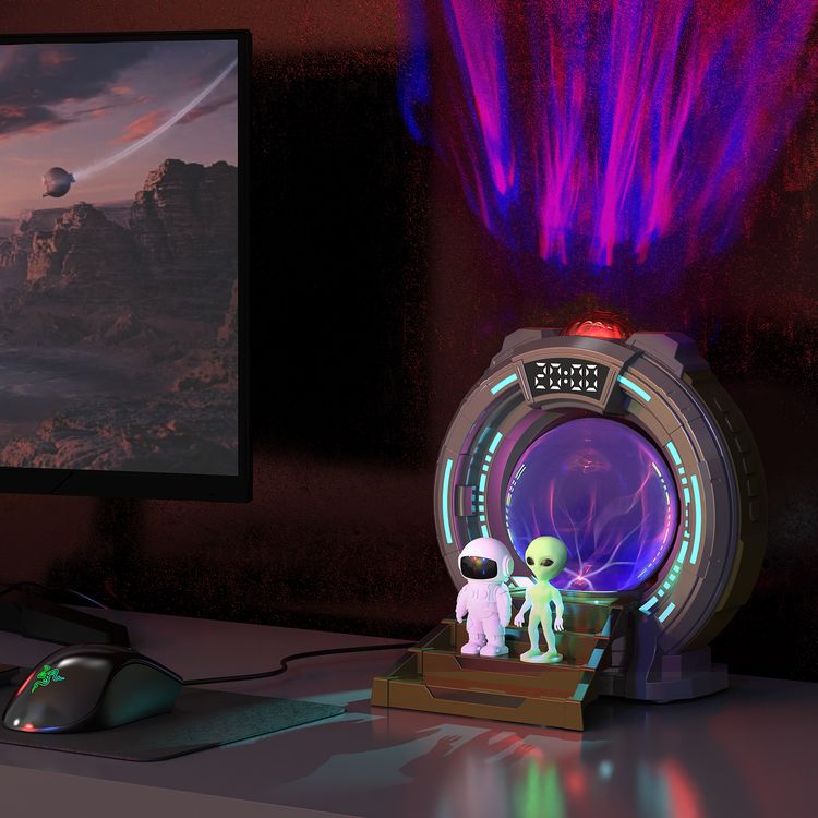 Porodo Lifestyle Stargate Lamp with Alien Projection Light, 8 Light Modes, Remote Control, Built-in Bluetooth Speaker, Timer & Auto Shut-Off, White Noise Options, Type-C Charging - Gray
