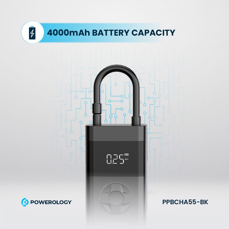 Powerology PPO55 Ultra Portable Air Compressor Powerbank, 4000mAh, 70W, 20 minutes Continuous Inflation, 20-23L/Min - Black 