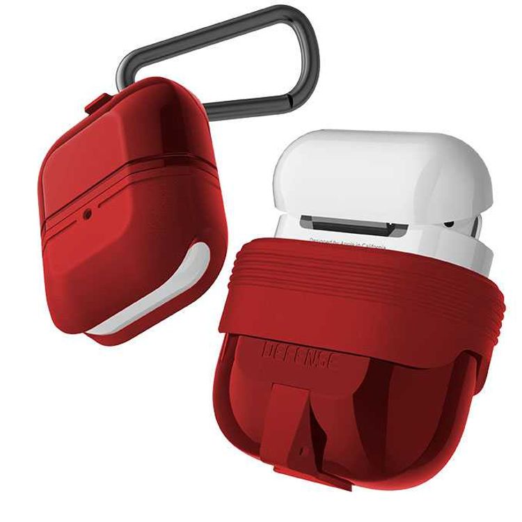 جراب X-Doria Defense Journey لسماعات AirPods 1 و2 مع حلقة تثبيت وحلقة قابلة للفصل، مصنوع من مادة TPU والسيليكون، مقاوم للماء والغبار، حماية كاملة بزاوية 360 درجة، مضاد للخدش - أحمر