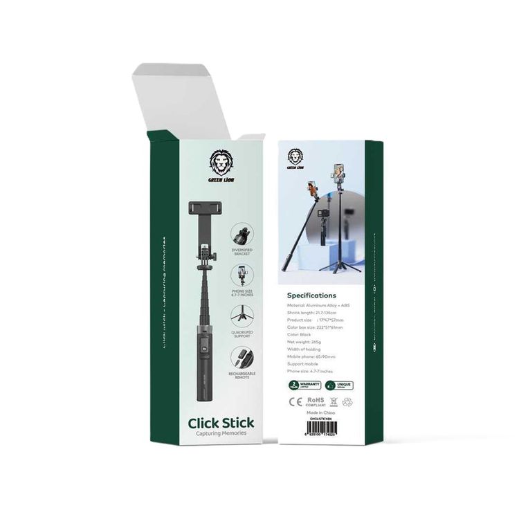 Green Lion Click Stick Selfie Stick, Compatible with 4.7" to 7" Phones, Quadruped Supported, Diversified Bracket, Rechargeable Remote - Black