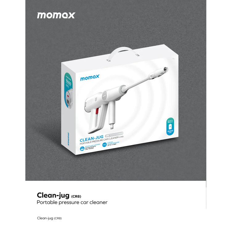 Momax Clean Jug Portable Pressure Car Cleaner with 145W Power, 25 Minutes Working Time, 15000mAh Battery, 17 Bar Water Pressure, 156L/h Flow Rate - White