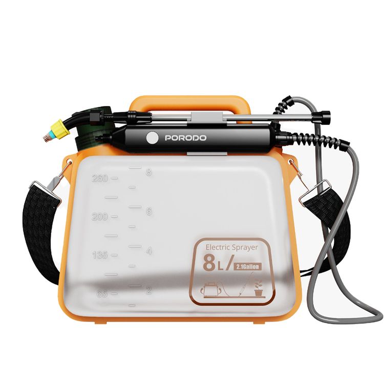 بخاخ حديقة كهربائي بورودو لايفستايل أكواسبلاش مع وضعي رش مزدوجين، مخروط وشكل مروحة وفوهة بخمسة ثقوب، مصنوع من مواد ABS و HDPE، بسعة خزان ماء 8 لتر ، وسعة بطارية 1500 مللي أمبير/ساعة، ومنفذ شحن نوع C، ومؤشر شحن LED - برتقالي.