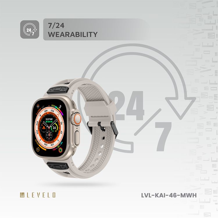 Levelo Kai Watch Strap, Apple Watch SE 9/8/7/6/5 (46/49mm), TPU + Metal Buckle, Hypoallergenic, 24/7 Wearability - Moonlight White