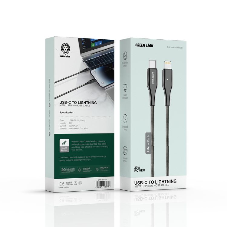Green Lion Metal Spring Hose Cable USB-C To Lightning with 30W Power Delivery, 1m Cable Lenght, Metal Hose + Zinc Material - Silver