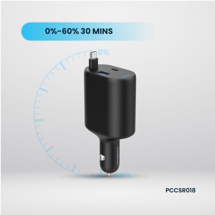 Powerology Type-C Retractable Car Charger, Dual Ports, Patented Design, Built-in Safeguards, Simultaneous Charging, Integrated Type-C Cable - Black