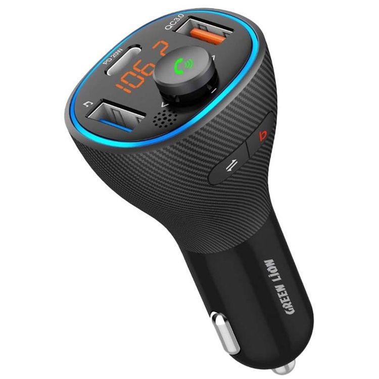 Green Lion Wireless Hands-Free Car Charger with Built-in FM Transmitter, Type-C & USB-A Ports, PD 20W & QC 3.0, Bluetooth Version 5.0, ABS Shell Material, 5m Bluetooth Range, Fast Charging, Buttons Control - Black