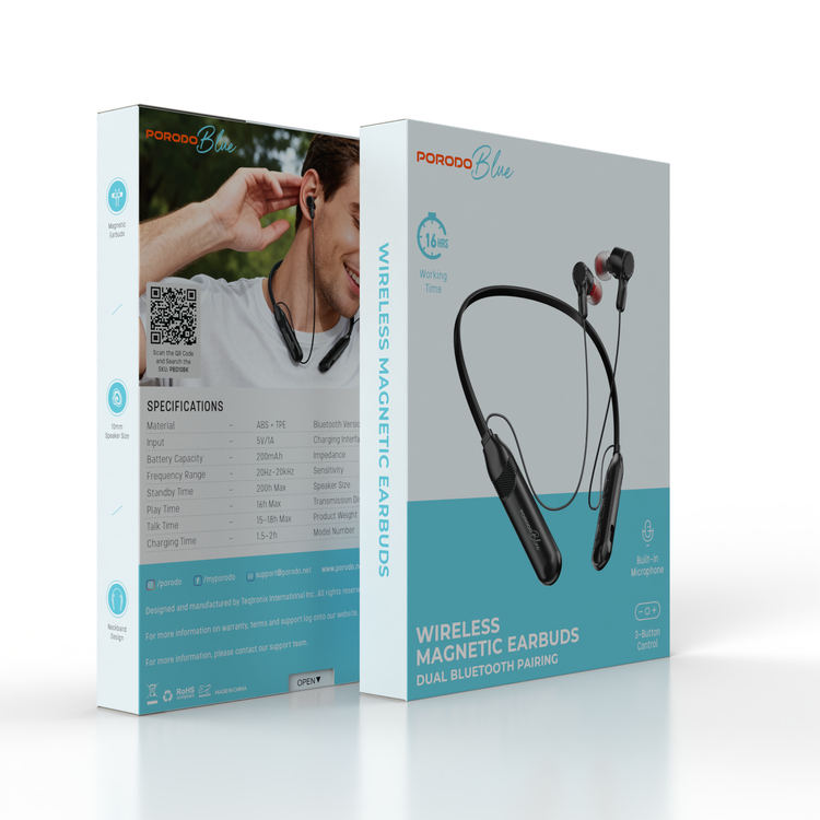 Porodo Blue Wireless Magnetic Earbuds with Neckband Design, Up to 16 Hours Play Time, Up to 18 Hours Talk Time, 10mm Speaker Size, 3-Button Control, Dual Bluetooth Pairing, Built-in Microphone - Black