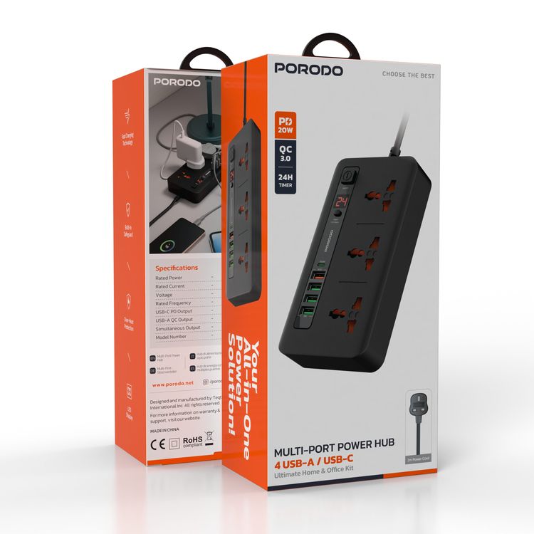 Porodo Multi-Port Power HUB Ultimate Home & Office Kit with 4 USB-A & 1 USB-C, 2m Cable Length, Built-in Safeguard, Over-Heat Protection, LED Display - Black