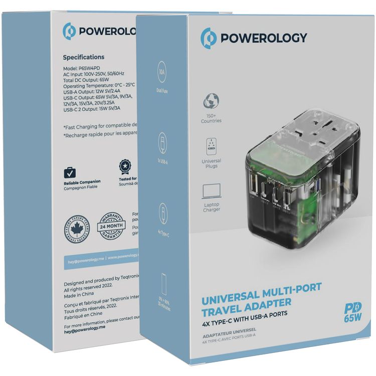 Powerology Universal Multi-Port Travel Adapter with 65W Power Delivery, Dual 10A Fuses, 12W USB-A Output, Laptop Charging Compatibility, Universal Plugs - Transparent