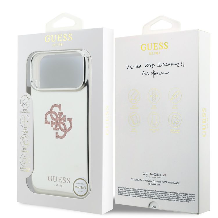 غطاء ميرا من Guess MagSage PC & TPU مع شعار 4G اللامع الكبير لهاتف iPhone 17 Pro Max، ذو تصميم نحيف وخفيف الوزن، مريح في المسكة، تغليف مستدام، سهل التركيب، حماية من الصدمات - وردي