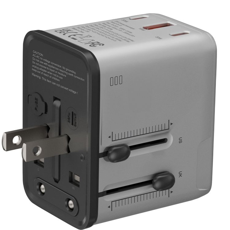 Porodo 2300W Universal Travel Adapter with PD 20W, QC 18W, USB-A & Dual USB-C Ports, Multiple Device Charging, EU / UK / US Power Plugs, Universal Compatibility - Silver / Black