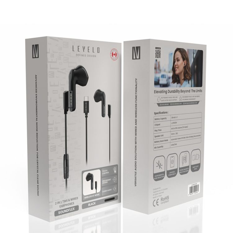 Levelo 2-in-1 TWS & Wired Earphones with Environment Noise Reduction, Up to 4 Hours Play Time with Bluetooth Mode, 12mm Speaker Unit, Smart Sleep Mode, Ergonomic Design, Touch Control, Clear Audio - Black