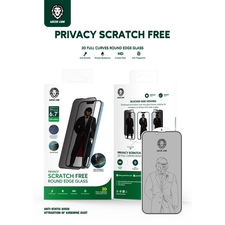 Green Lion 3D Privacy Scratch Free Round Edge Glass Screen Protector for iPhone 13 Pro Max ( 6.7" ),  Anti-Scratch - Non-Breakable Edges - Anti-Peeping Screen Guard Protector  - Black