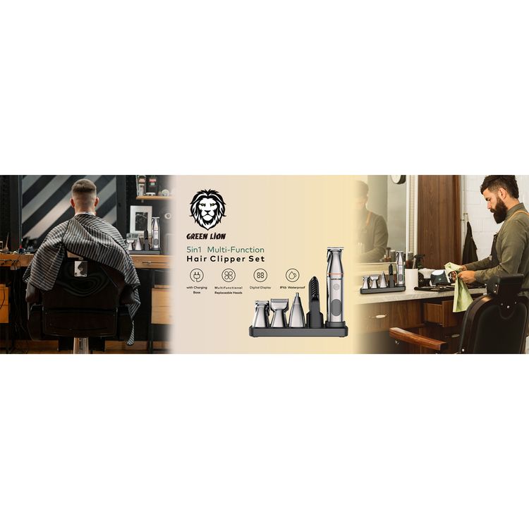 Green Lion 5-in-1 Multi-Function Hair Clipper Set with Multifunctional Replaceable Heads, LED Display, Cord and Cordless Functionality, 90 Minutes Working Time, Waterproof - Black