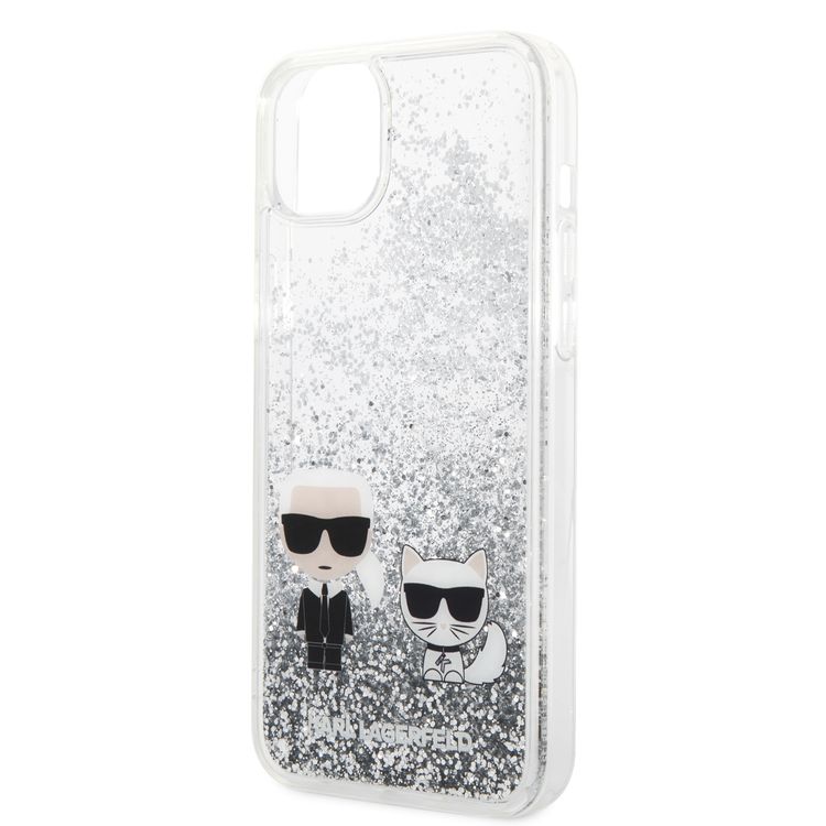 Karl Lagerfeld Liquid Glitter Silicone Case Karl and Choupette Protector iPhone 14 Plus Compatibility - Silver