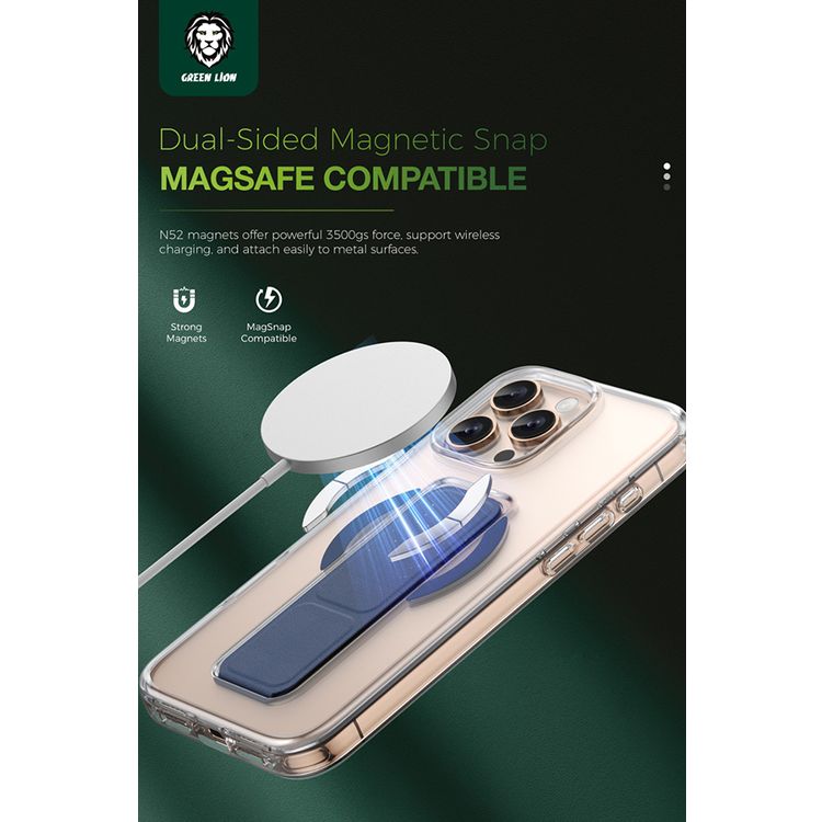 Green Lion MagSafe Leather Grip For iPhone 16 Pro Max, Crystal Clear, Foldable Stand, Dual-Sided Magnetic Snap, Military Grade Protection, Scratch Resistance - Dark Blue