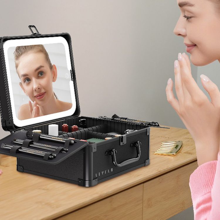 Levelo Elite Make-Up Box Organizer with Detachable Magnetic Mirror, 3 Light Modes, Adjustable Dividers, 4-5 Hours LED Working Time, Touch Control, USB-C Charging Port - Black