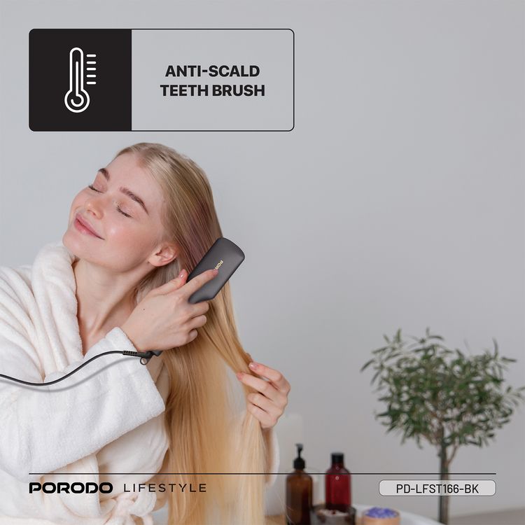 Porodo Lifestyle Electric Heated Hair Straightener Brush with 5 Temperature Settings, 30W Rated Power, 30 Seconds Fast Heating Time, 70% Frizz Reduction, Auto Shut-Off - Black