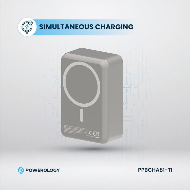 Powerology 30000mAh MagSafe Aluminum Power Bank with 20W Power Delivery, 15W Wireless Output, Li-Polymer Battery, Simultaneous Charging, Compact Design - Titanium